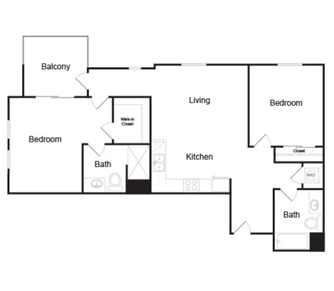 Floor plan for 2 beds, 2 baths, 1025 sqft