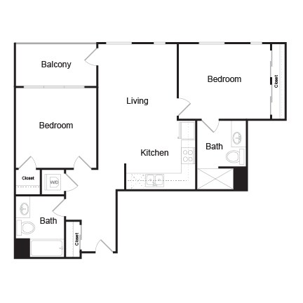 Floor plan for 2 beds, 2 baths, 859 sqft