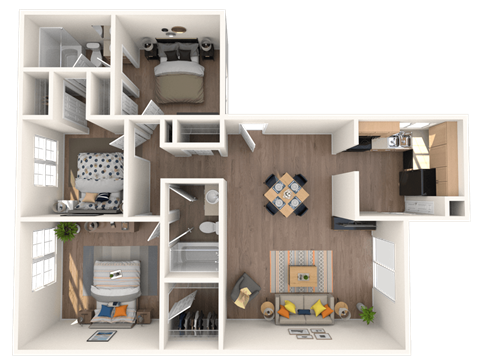 Floor plan for 3 beds, 2 baths, 995 sqft