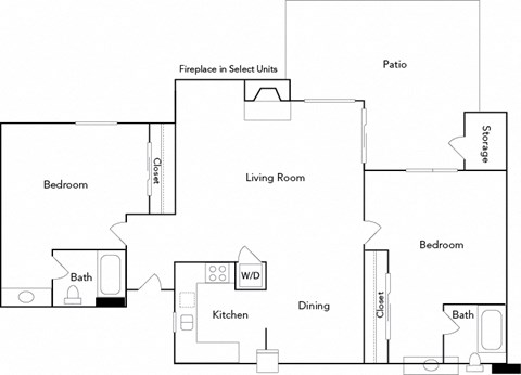 Floor plan for 2 beds, 2 baths, 990 sqft
