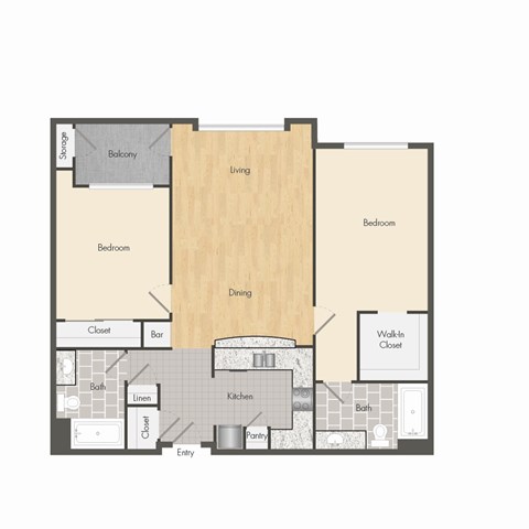 Floor plan for 2 beds, 2 baths, 999 sqft