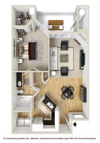 Floor plan for 1 bed, 1 bath, 913 sqft
