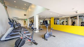 A gym with treadmills and exercise bikes.