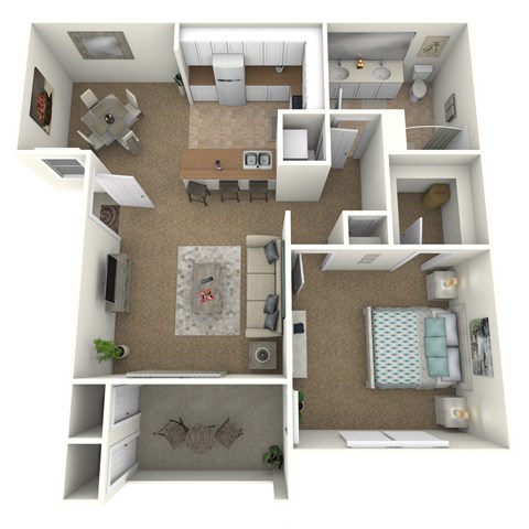 Floor plan for 1 bed, 1 bath, 842 sqft