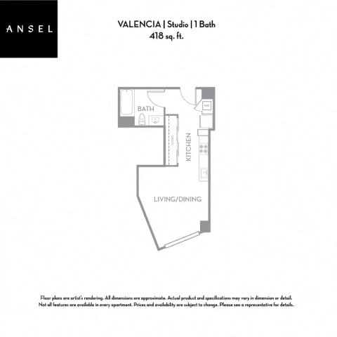 Floor plan for studio, 1 bath, 418 sqft