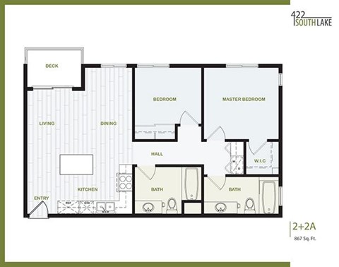 Floor plan for 2 beds, 2 baths, 905 sqft