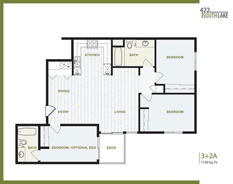 Floor plan for 3 beds, 2 baths, 1130 sqft