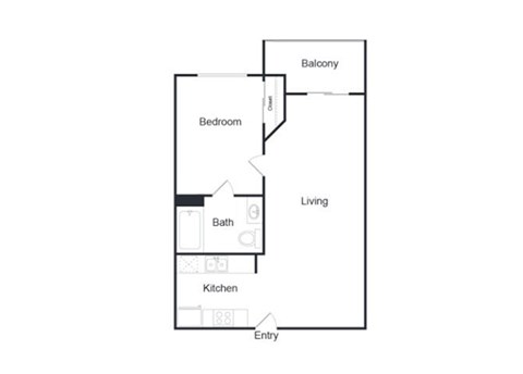 Floor plan for 1 bed, 1 bath, 641 sqft