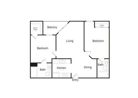 Floor plan for 2 beds, 2 baths, 882 sqft
