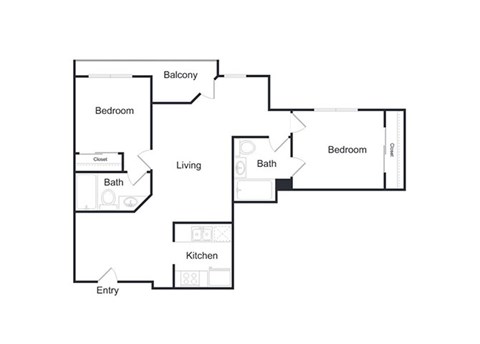 Floor plan for 2 beds, 2 baths, 1007 sqft