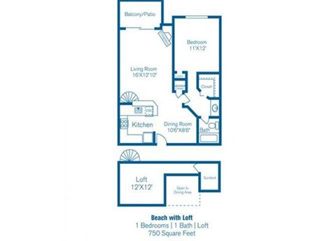 Floor plan for 1 bed, 1 bath, 750 sqft