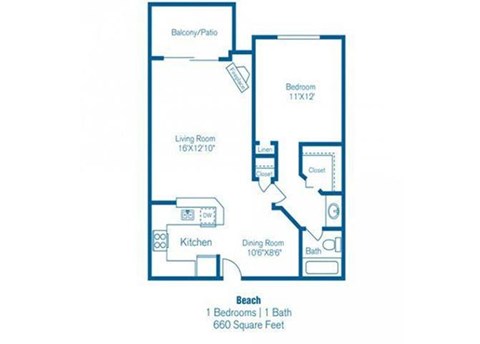 Floor plan for 1 bed, 1 bath, 660 sqft