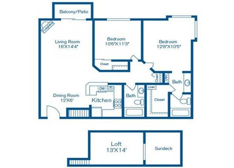 Floor plan for 2 beds, 2 baths, 1100 sqft