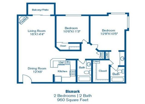 Floor plan for 2 beds, 2 baths, 960 sqft