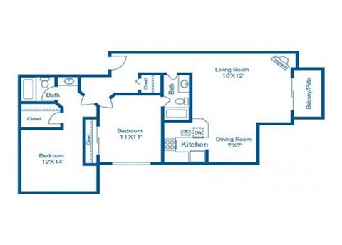 Floor plan for 2 beds, 2 baths, 1070 sqft