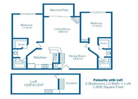 Floor plan for 2 beds, 2 baths, 1200 sqft