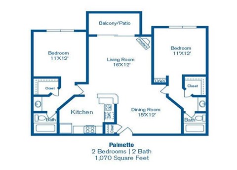 Floor plan for 2 beds, 2 baths, 1070 sqft