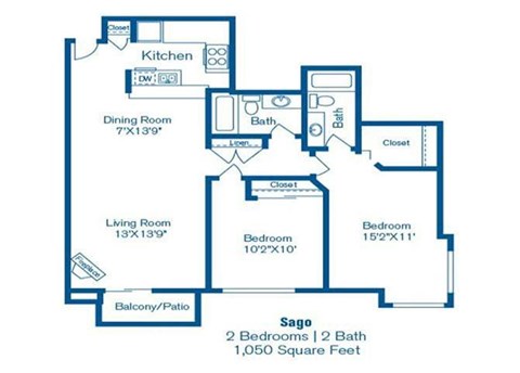 Floor plan for 2 beds, 2 baths, 1050 sqft