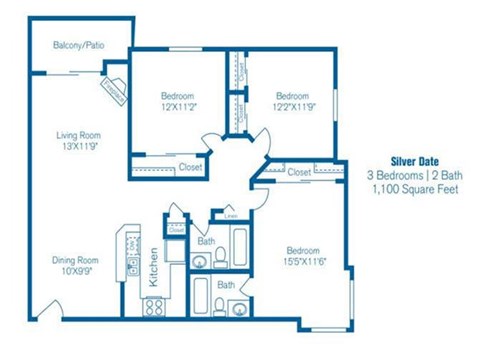 Floor plan for 3 beds, 2 baths, 1100 sqft