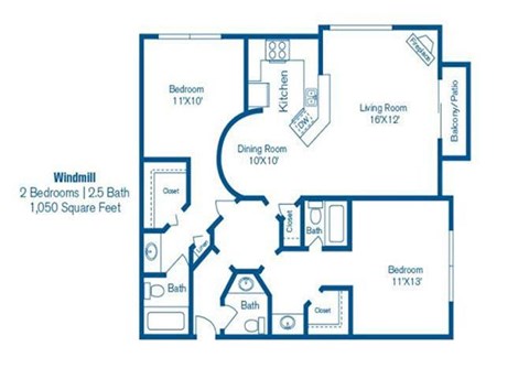 Floor plan for 2 beds, 2 baths, 1050 sqft