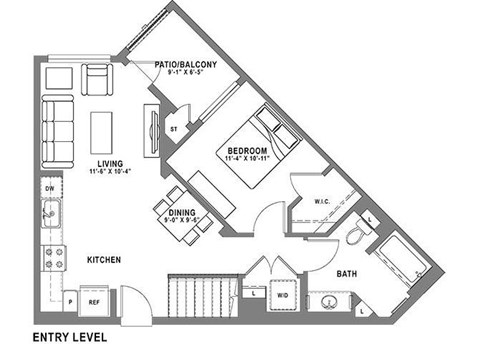 Floor plan for 1 bed, 1 bath, 853 sqft