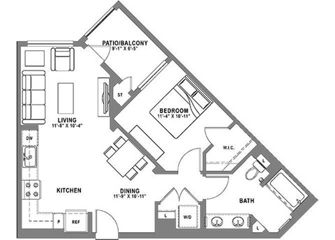 Floor plan for 1 bed, 1 bath, 732 sqft
