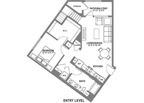 Floor plan for 1 bed, 1 bath, 1096 sqft