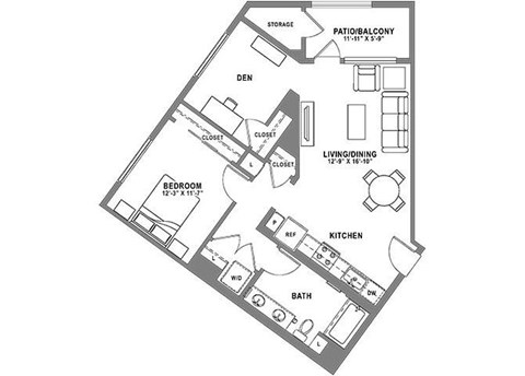 Floor plan for 1 bed, 1 bath, 952 sqft