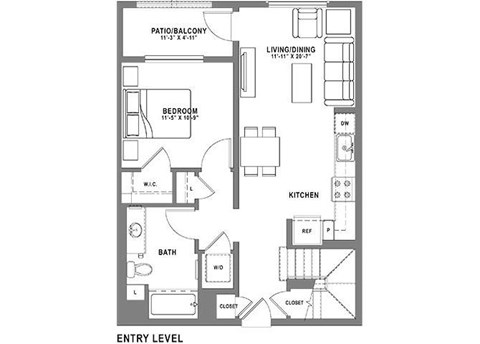 Floor plan for 1 bed, 1 bath, 904 sqft