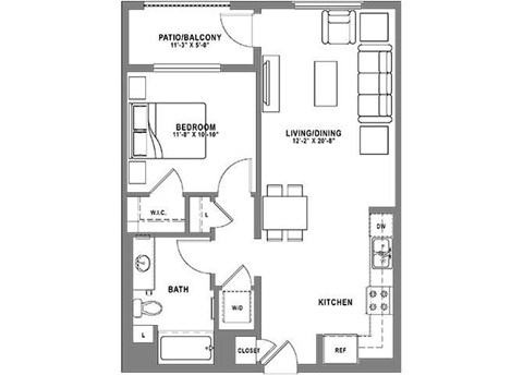Floor plan for 1 bed, 1 bath, 762 sqft