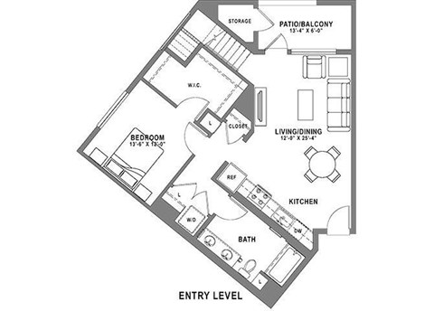 Floor plan for 1 bed, 1 bath, 1052 sqft