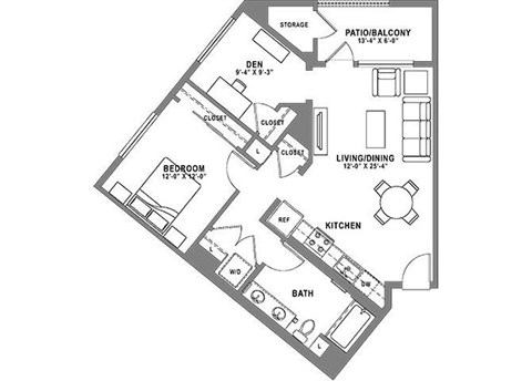 Floor plan for 1 bed, 1 bath, 923 sqft