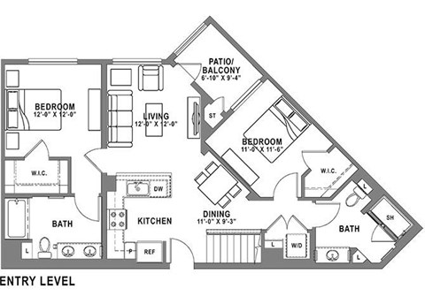 Floor plan for 2 beds, 2 baths, 1184 sqft