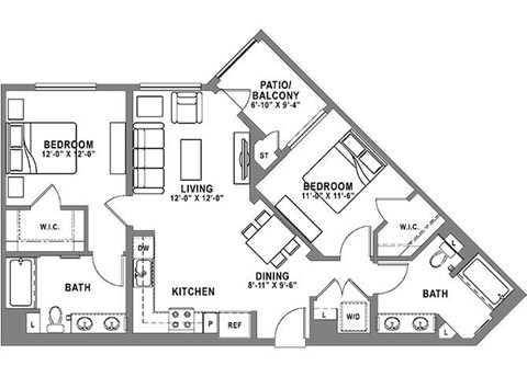 Floor plan for 2 beds, 2 baths, 1047 sqft