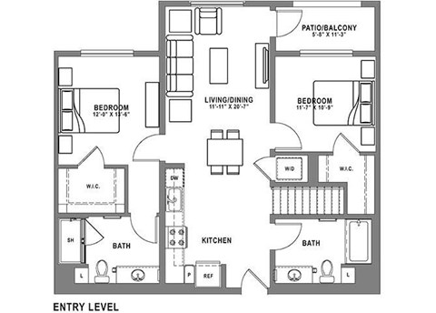 Floor plan for 2 beds, 2 baths, 1226 sqft
