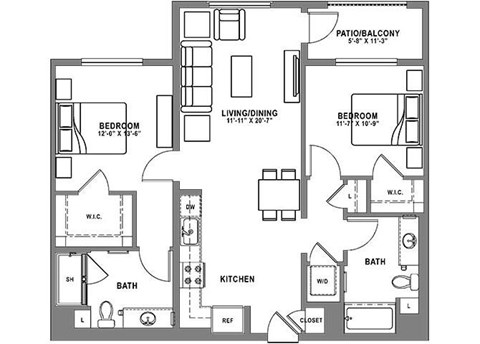 Floor plan for 2 beds, 2 baths, 1089 sqft