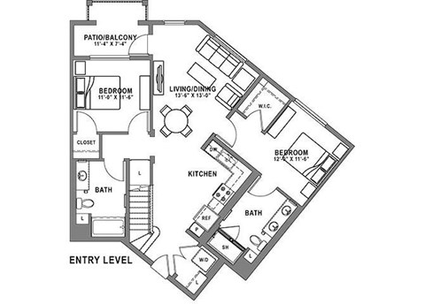 Floor plan for 2 beds, 2 baths, 1330 sqft