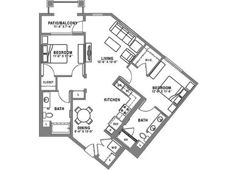Floor plan for 2 beds, 2 baths, 1186 sqft