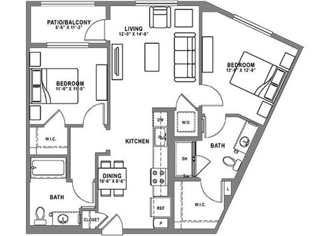 Floor plan for 2 beds, 2 baths, 1028 sqft