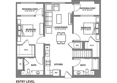 Floor plan for 2 beds, 2 baths, 1224 sqft