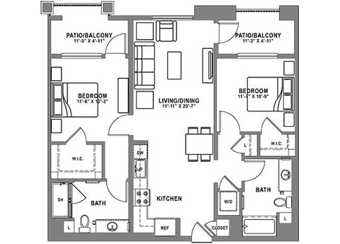 Floor plan for 2 beds, 2 baths, 1089 sqft