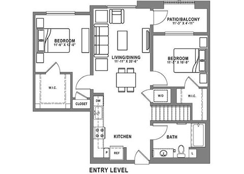 Floor plan for 2 beds, 2 baths, 1147 sqft