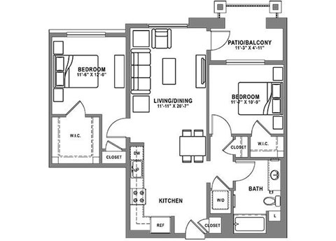 Floor plan for 2 beds, 1 bath, 1011 sqft