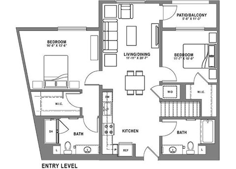 Floor plan for 2 beds, 2 baths, 1301 sqft