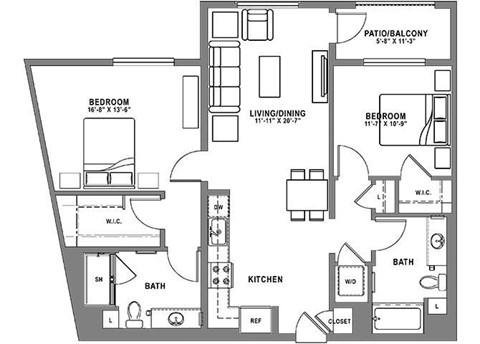 Floor plan for 2 beds, 2 baths, 1164 sqft