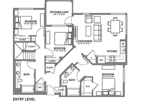 Floor plan for 3 beds, 2 baths, 1574 sqft