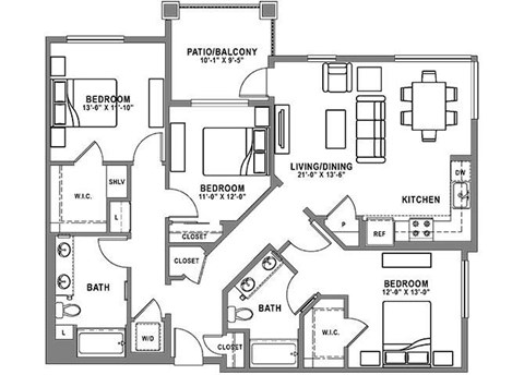 Floor plan for 3 beds, 2 baths, 1435 sqft