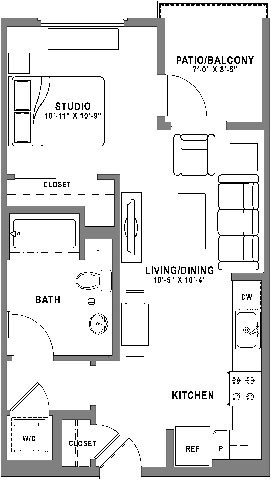 Floor plan for studio, 1 bath, 591 sqft