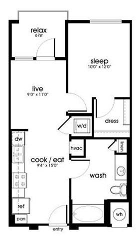 Floor plan for 1 bed, 1 bath, 597 sqft