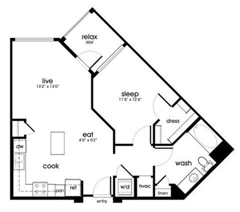 Floor plan for 1 bed, 1 bath, 765 sqft